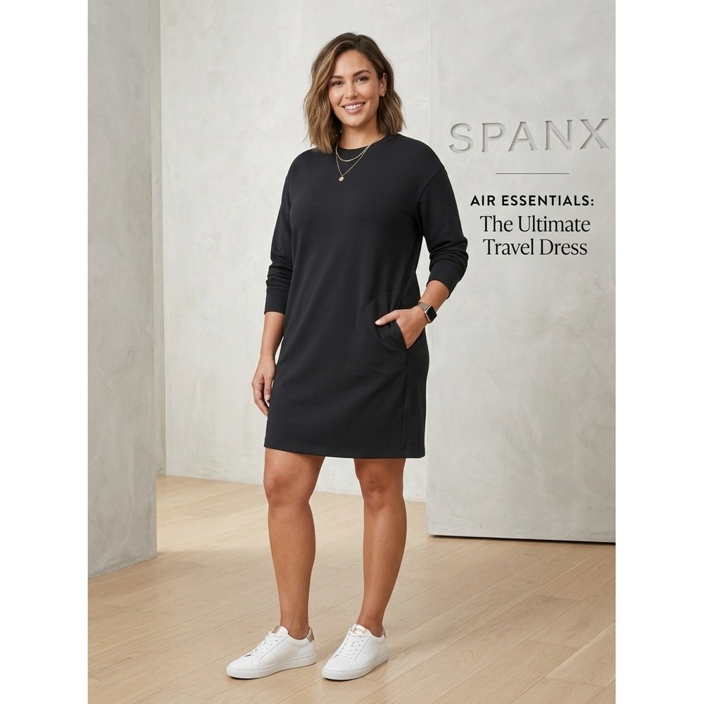 Spanx AirEssentials Tunic Dress Womens 1X Black Long Sleeve Pocket Crew Neck